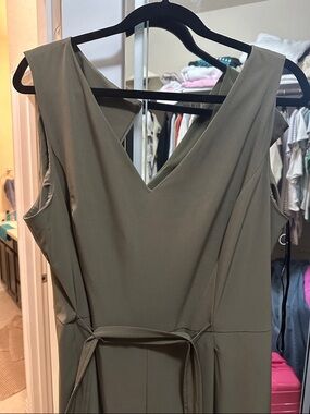 Calvin Klein Olive Sleeveless V-Neck Midi Jumpsuit with Tie Waist